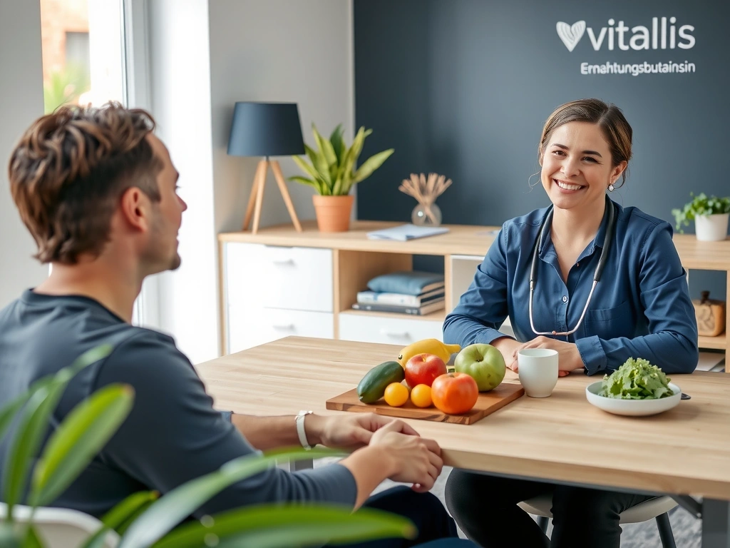 Ein lächelndes Teammitglied berät einen Klienten in einer hellen, modernen Büroumgebung.